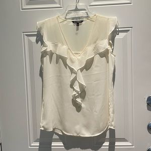 Express Flowy Ruffle V-Neck Ivory Sleeveless Top Size XS Semi-Sheer Cream Solid